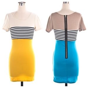 Peppermint Anthropologie Colorblock Knit Dress Blue Tan Striped S